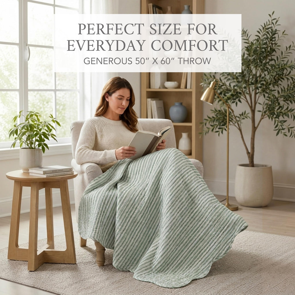 Martha Stripe Sage Quilted Reversible Throw (50x60in) - Stripe Bedding - Sage, White - Cotton Throw - Scalloped Edge