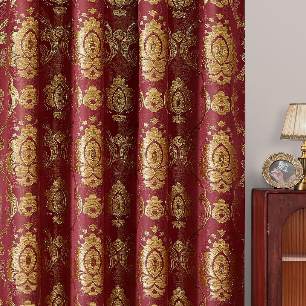 Burgundy Paisley Jacquard Curtains, Victorian Luxury Window Curtains 2 Panels Set with Attached Valance and Sheer