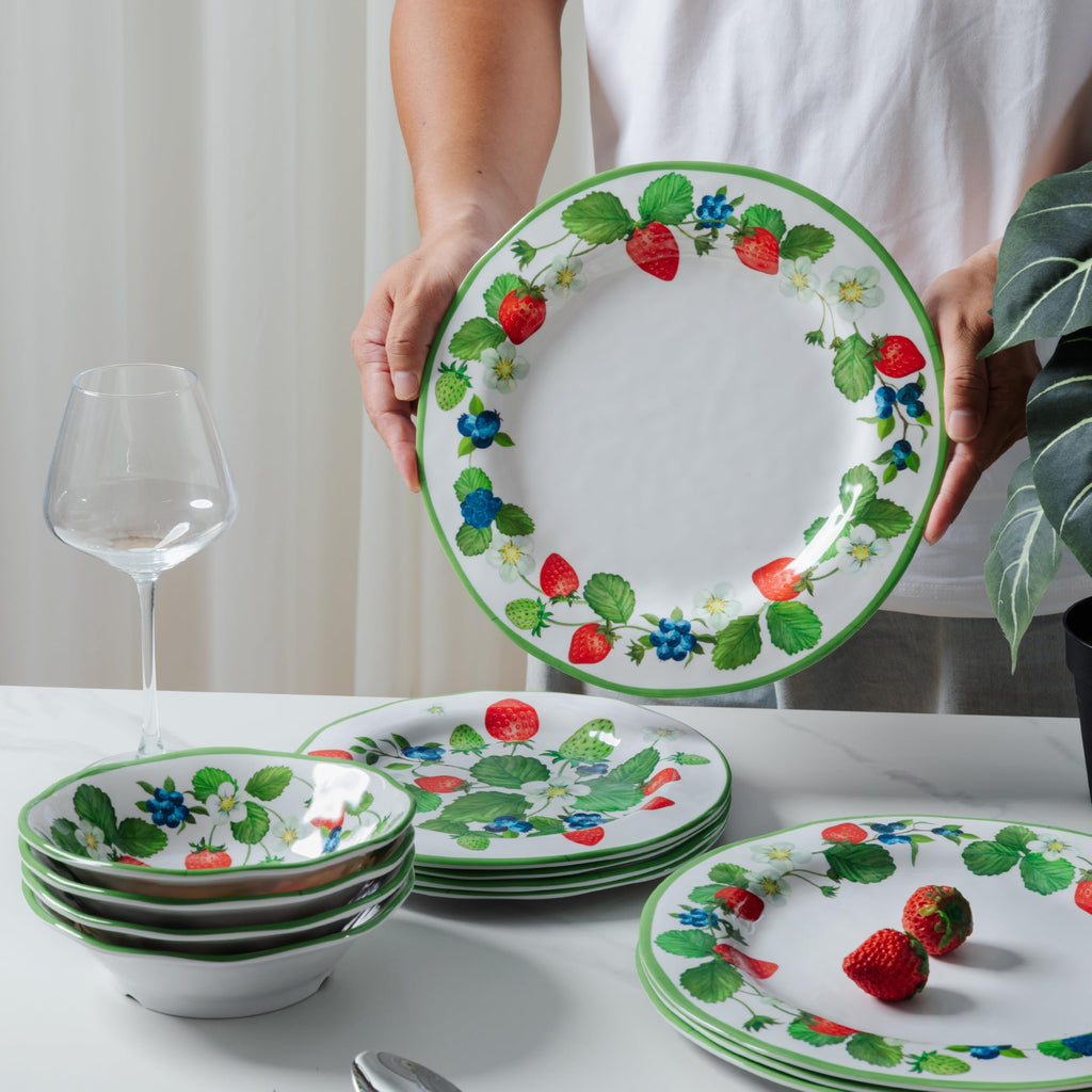 Strawberry Melamine Dinnerware Sets-12 Piece Plates and Bowls Set