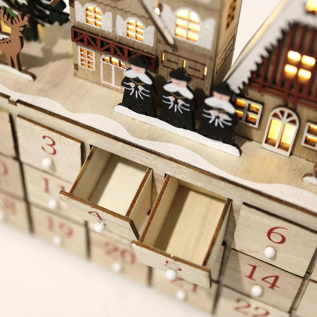 Wooden Advent Calendar with LED Lights, 24 Drawers Countdown to Christmas, Barn House Design, Holiday Decoration
