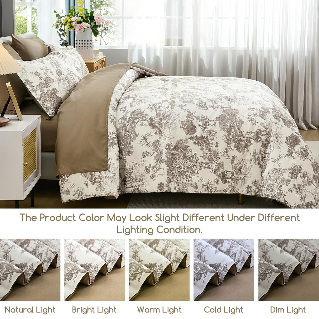7 Piece Bed in a Bag-Floral Botanical Light Brown Comforter Set, Comforter Set with Sheets, Farmhouse
