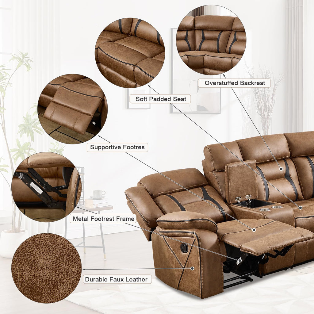 Faux Leather Reclining Sectional Couch, L-Shaped Sectional Corner Manual Recliner Sofa Home Furniture Set with