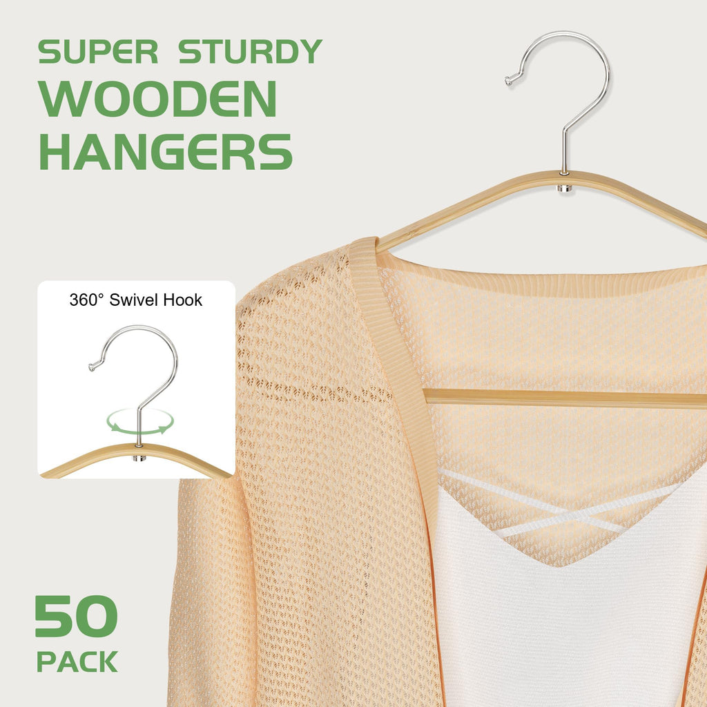Bamboo Clothes Hangers 50 Pack, Suit Hangers 360° Rotatable Hook, Natural