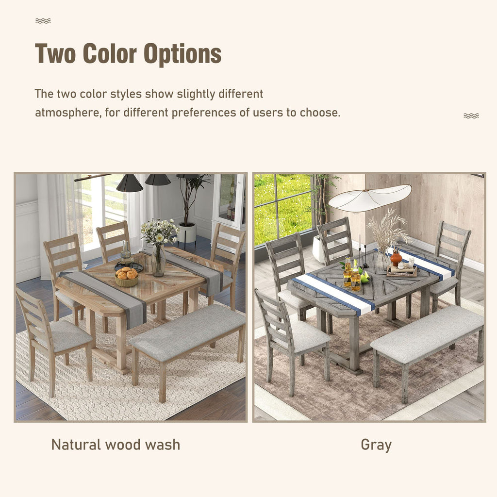 6-Piece Rubber Wood Dining Table Set with 4 Cushioned Chairs and Bench, Beautiful Wooden Grain Pattern Tabletop