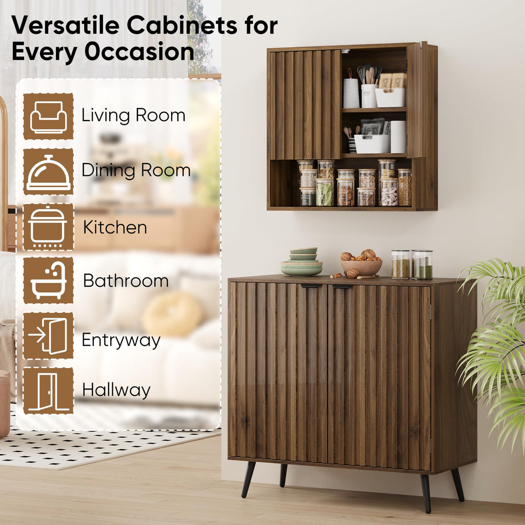 Fluted Bathroom Cabinet Wall Mounted, Wooden Medicine Cabinet with Adjustable Shelf, Walnut Bathroom Cabinet for Bath
