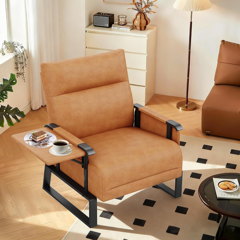 PU Leather Accent Chair Brown Armchair with Side Table