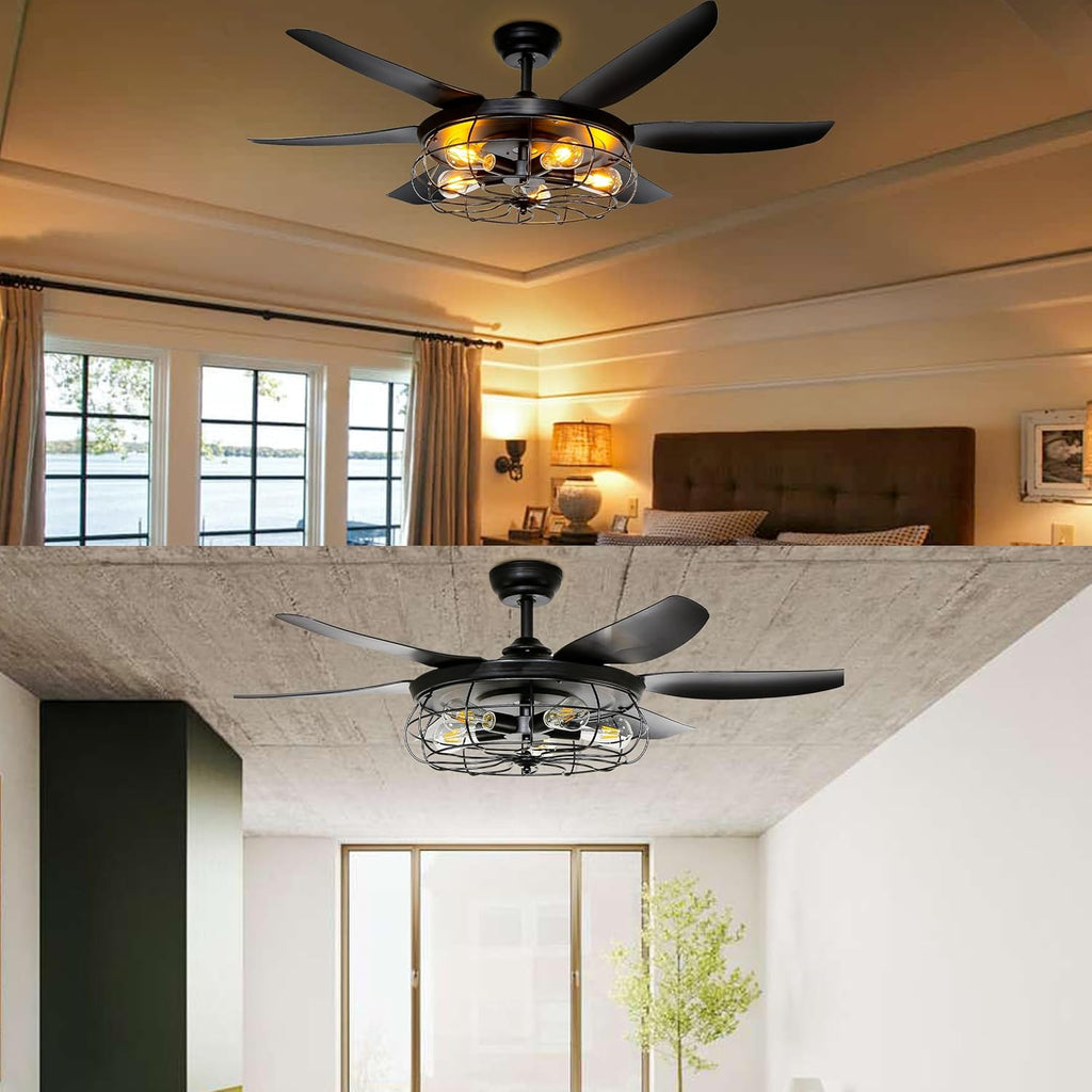 Ceiling Fans with Lights and Remote - 52 Inch Farmhouse Ceiling Fan with Caged Light Fixture - Black Industrial