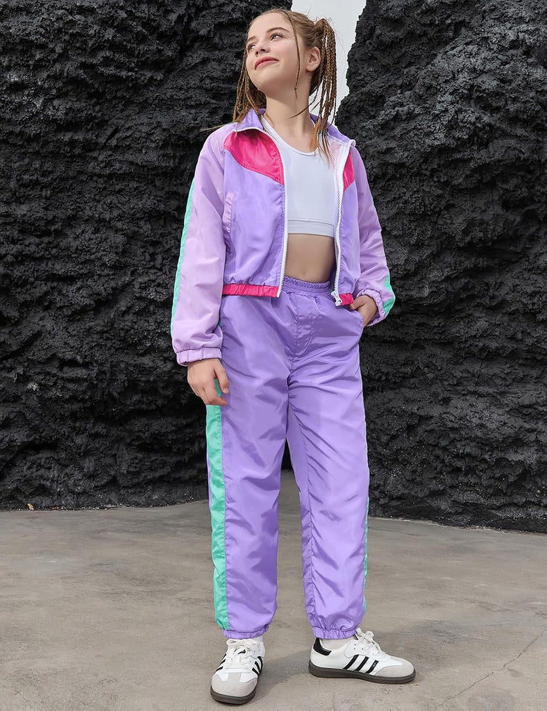Girls' Clothing Sets 2 Piece 80s 90s Outfits Neon Jacket Pants Hip Hop Dance Outfits for Girls Tracksuit Set