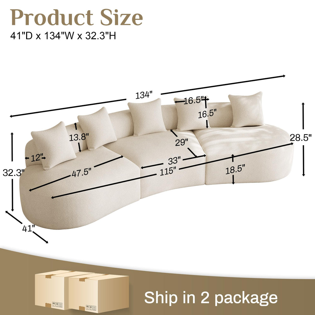 134" Modern Curved Sectional Sofas, Beige White