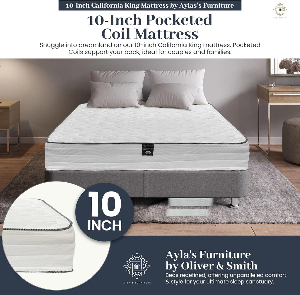 California King Mattress 10 Inches White - Pocketed Coil Euro Top Cool Memory Foam Hybrid Mattress Breathable Cover