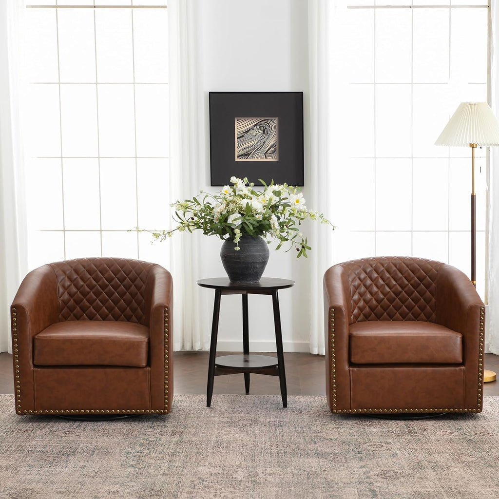 29" W Faux Leather Tufted PU Swivel Barrel Chairs, Brown - Set of 2