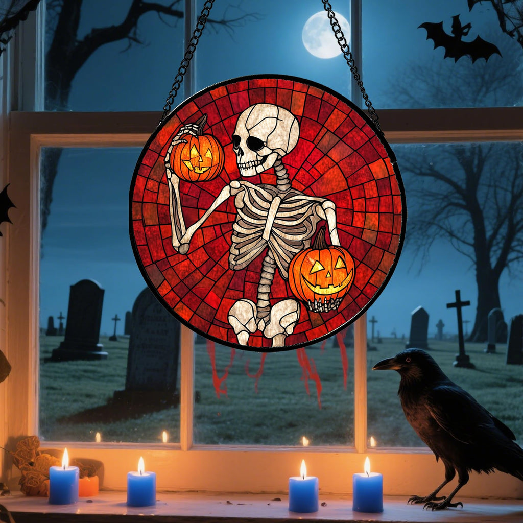 Skeleton with Pumpkins Stained Glass Window Hanging Suncatcher Gifts 6.3"