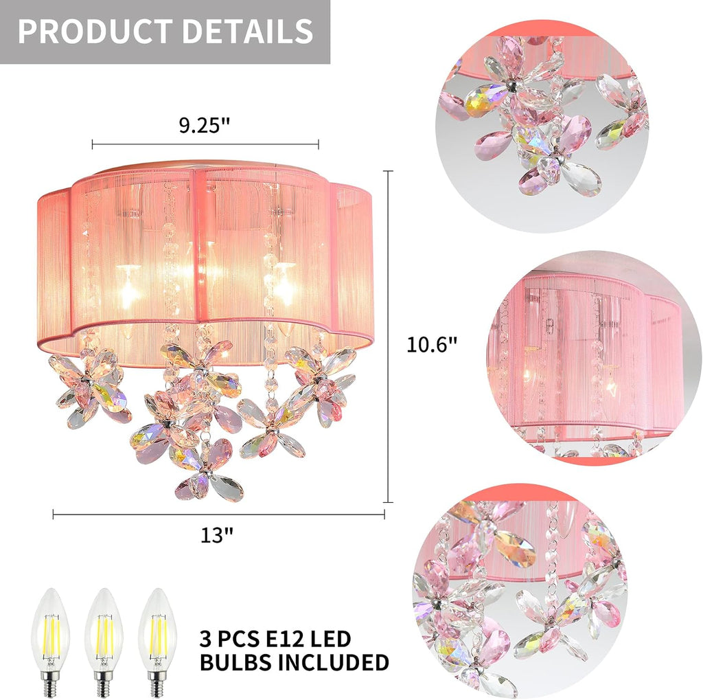 3 Light Bedroom Mini Chandelier Ceiling Light Pink Lamp 13" Small Crystal Chandelier Flush Mount Chandeliers