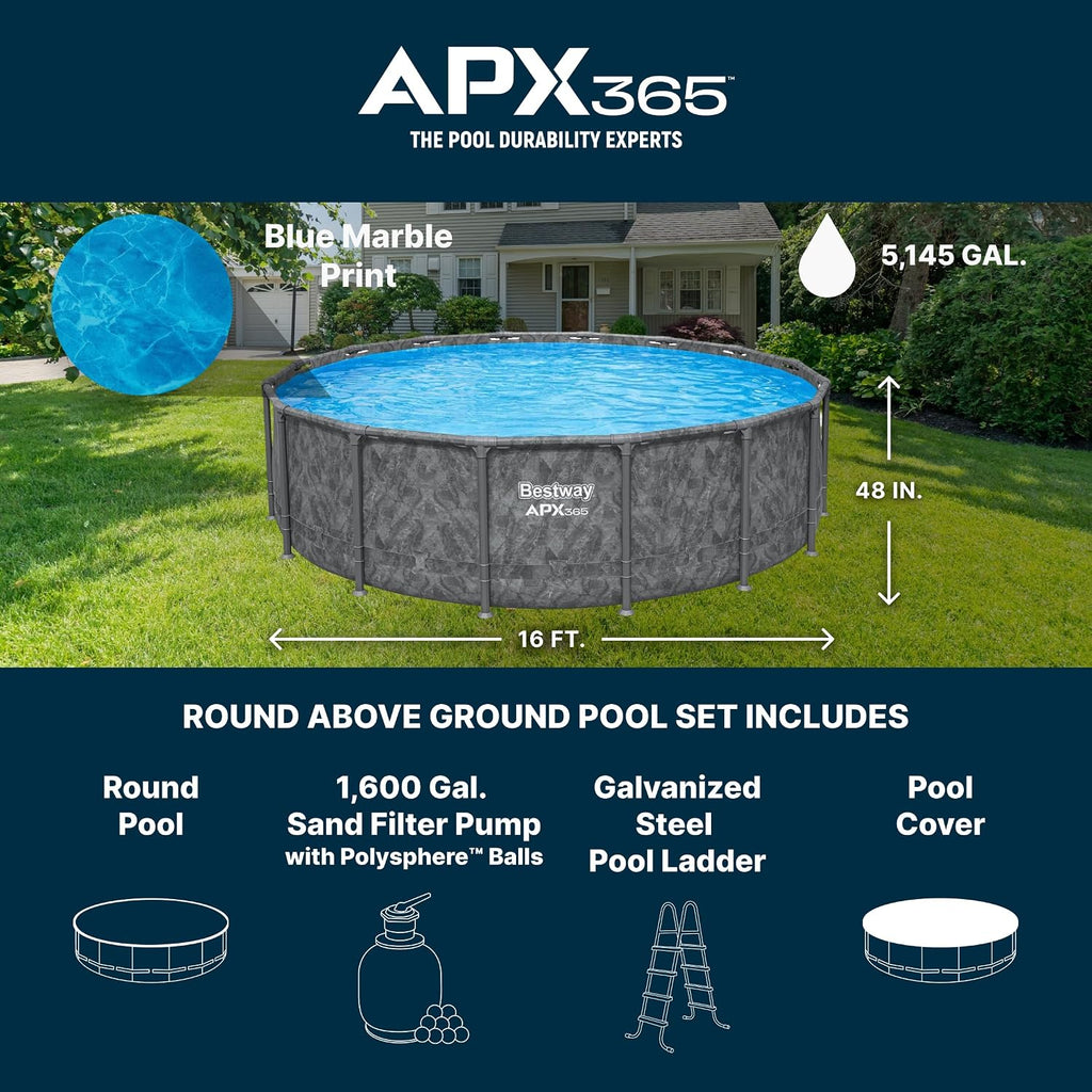 APX 365 16' x 48" Above Ground Pool, Round Metal Frame Outdoor Swimming Pool Set with Sand Filter Pump, Ladder, and