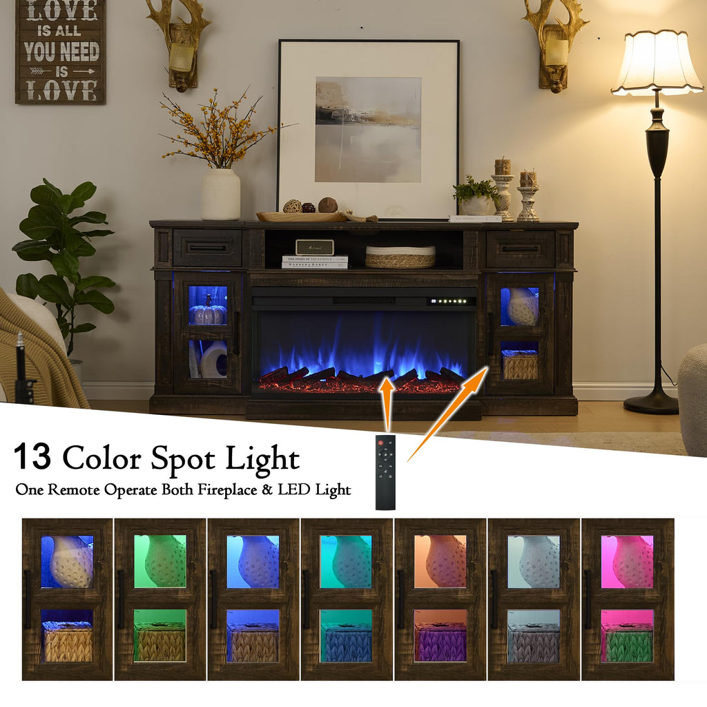 3-Side for up to 80 Inch TV, LED Entertainment Center with 36 Inch Electric Fireplace, Farmhouse TV Console Table