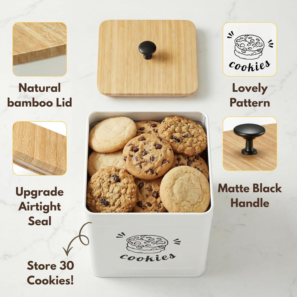 Cookie Jar with Lid Airtight, Cookie Tin with Bamboo Lid, Cute Cookie Jars Counter Decorative, 1 Gallon Food Storage