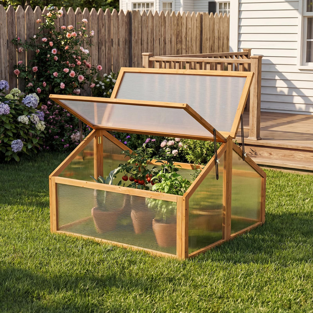Wood Cold Frame Greenhouse, Portable Raised Flower Planter Protection with Transparent Openable Roof, Small Indoor