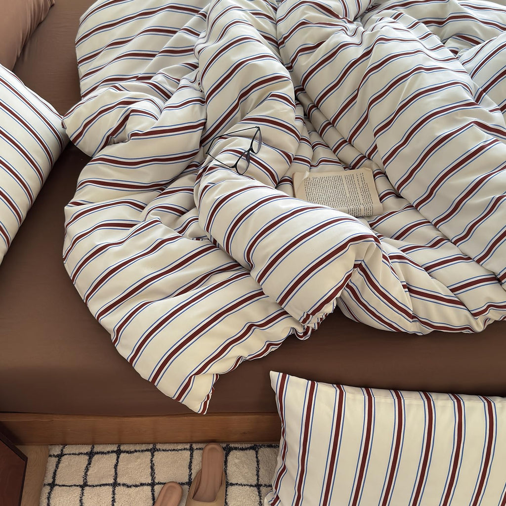 Retro Striped Duvet Cover - 3-Piece Vintage Red Brown & Blue Stripes Printed Duvet Cover Set, Soft Washed