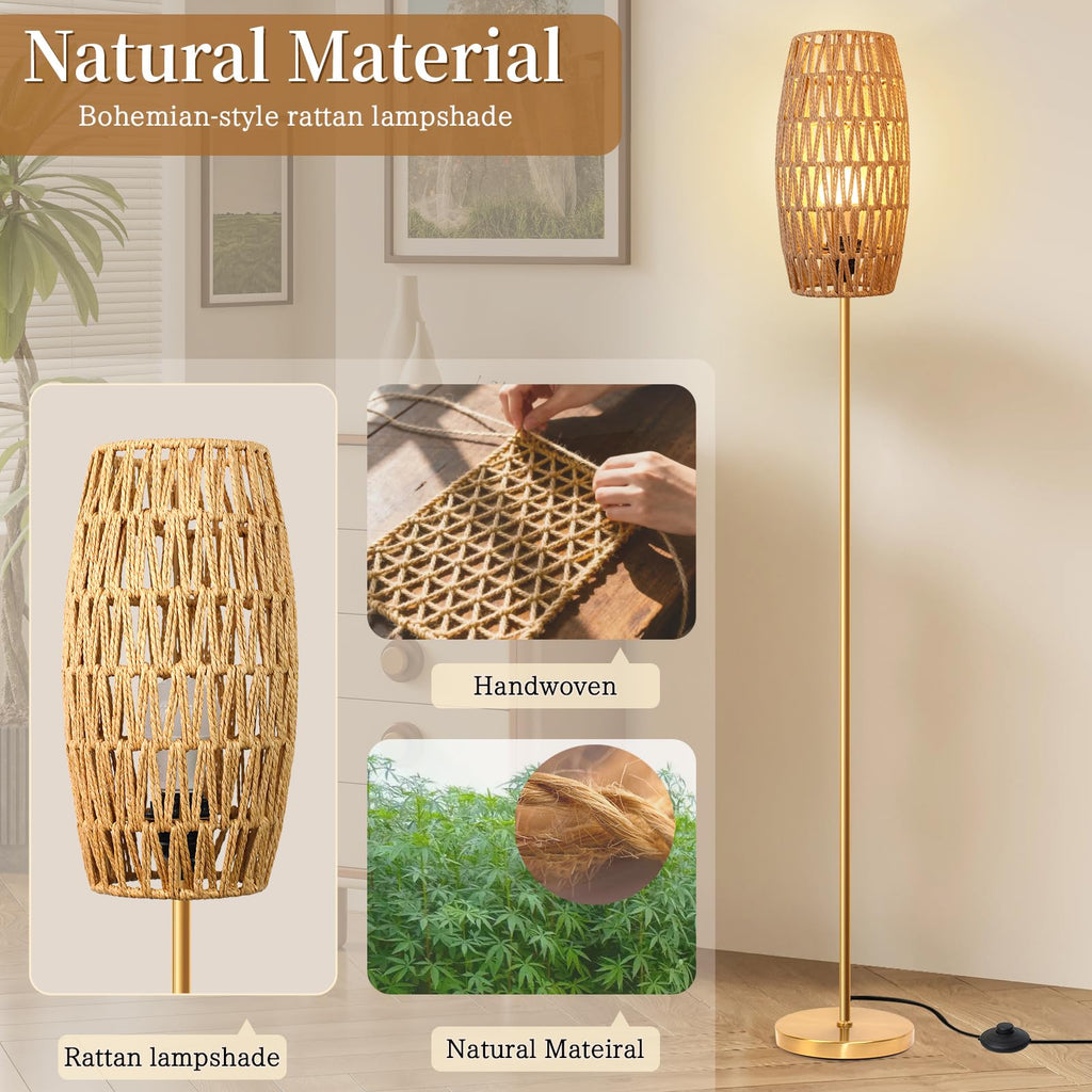 Floor Lamp,Farmhouse Floor lamp,Modern Standing lamp with Hand-Worked Rattan Shade (Drum Rattan Shade Body Gold