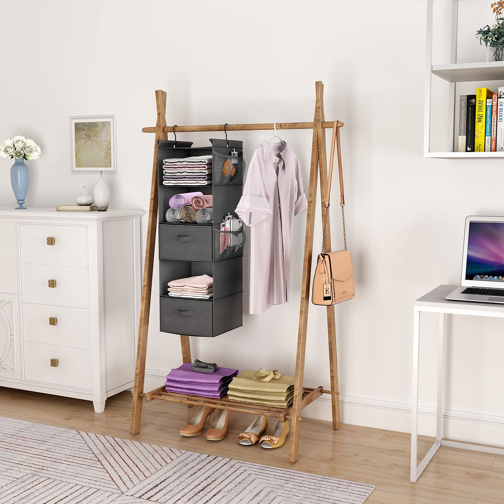 5 Tier Shelf Hanging Closet Organizer, Cloth Hanging Shelf with 2 Sturdy Hooks for Storage, Foldable (Grey-D2)