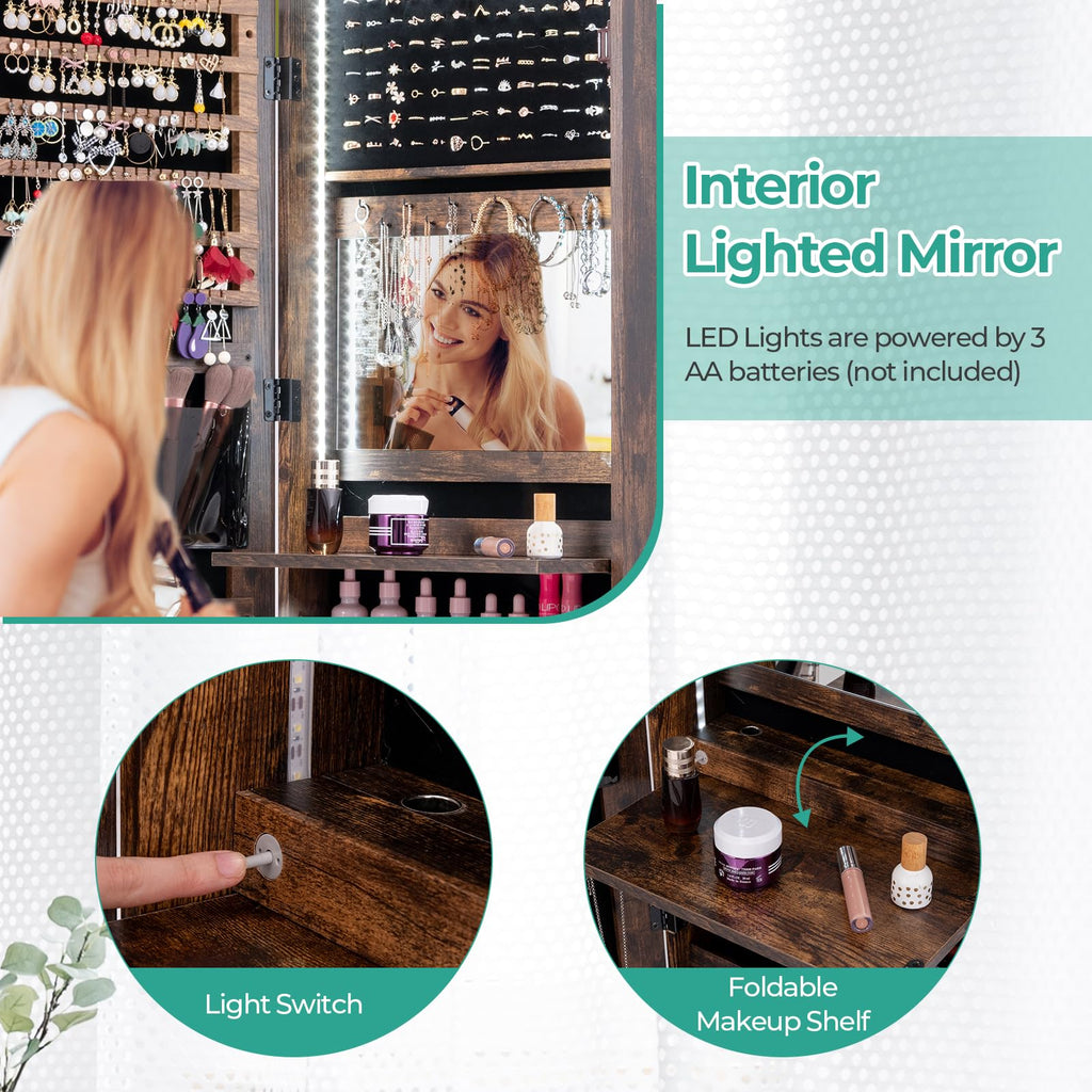 LED Mirror Jewelry Cabinet, Full Length Mirror with Jewelry Storage, Lockable Hanging Jewelry Holder Organizer with