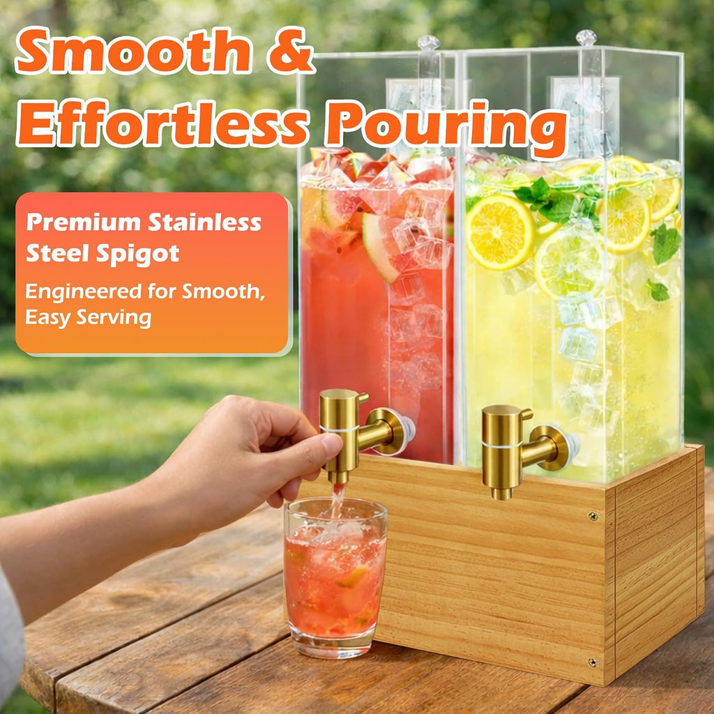Gallon Drink Dispenser, Beverage Dispenser with Wood Stand, Large Drink Dispenser for Parties - Set of 2