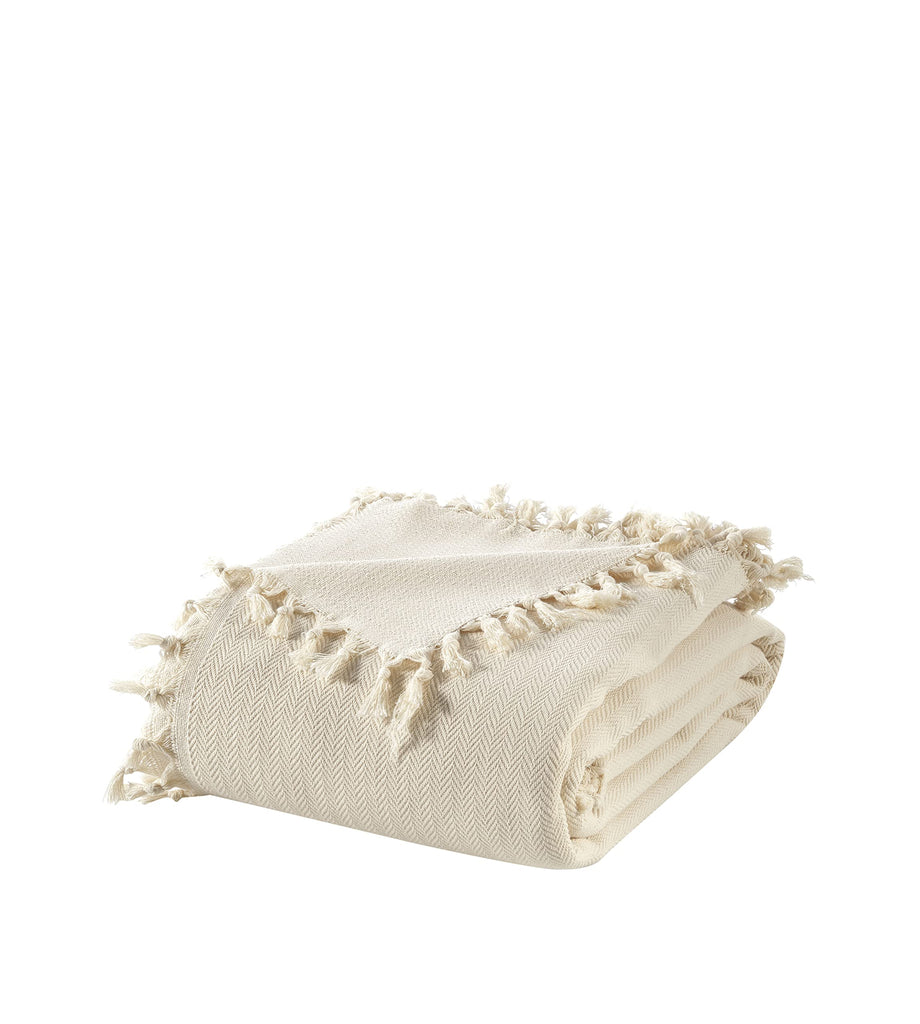 Handmade Undyed Natural Cotton Herringbone Large Throw Blanket with All-Around Fringes - Soft, Lightweight Sofa &