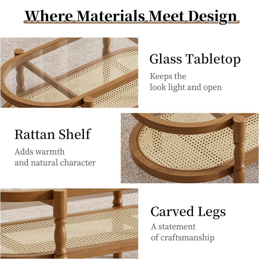 Rattan Coffee Table, Oval Wood Glass Table, Brown, 40 inch