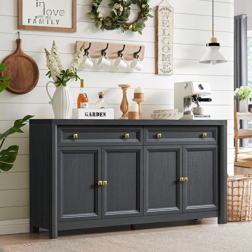 Credenza Storage Cabinet with 4 Doors and 2 Drawers, 59" Large Sideboard Buffet Cabinet, 32.1'' Tall Wood Buffet