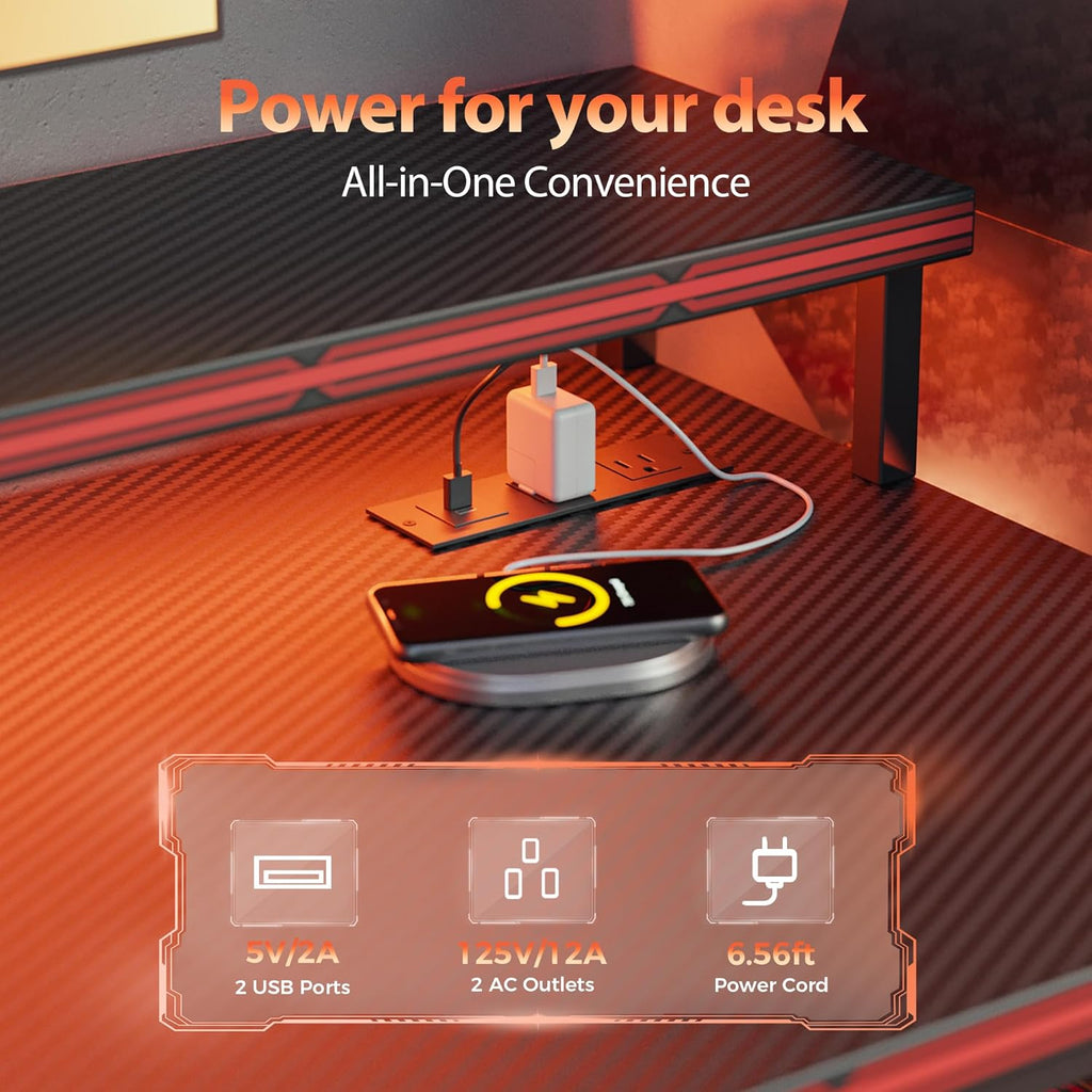 60 inch Gaming Desk with Drawers, Reversible Computer Desk, Black | Gamer Desk with LED Lights, Power Outlets &