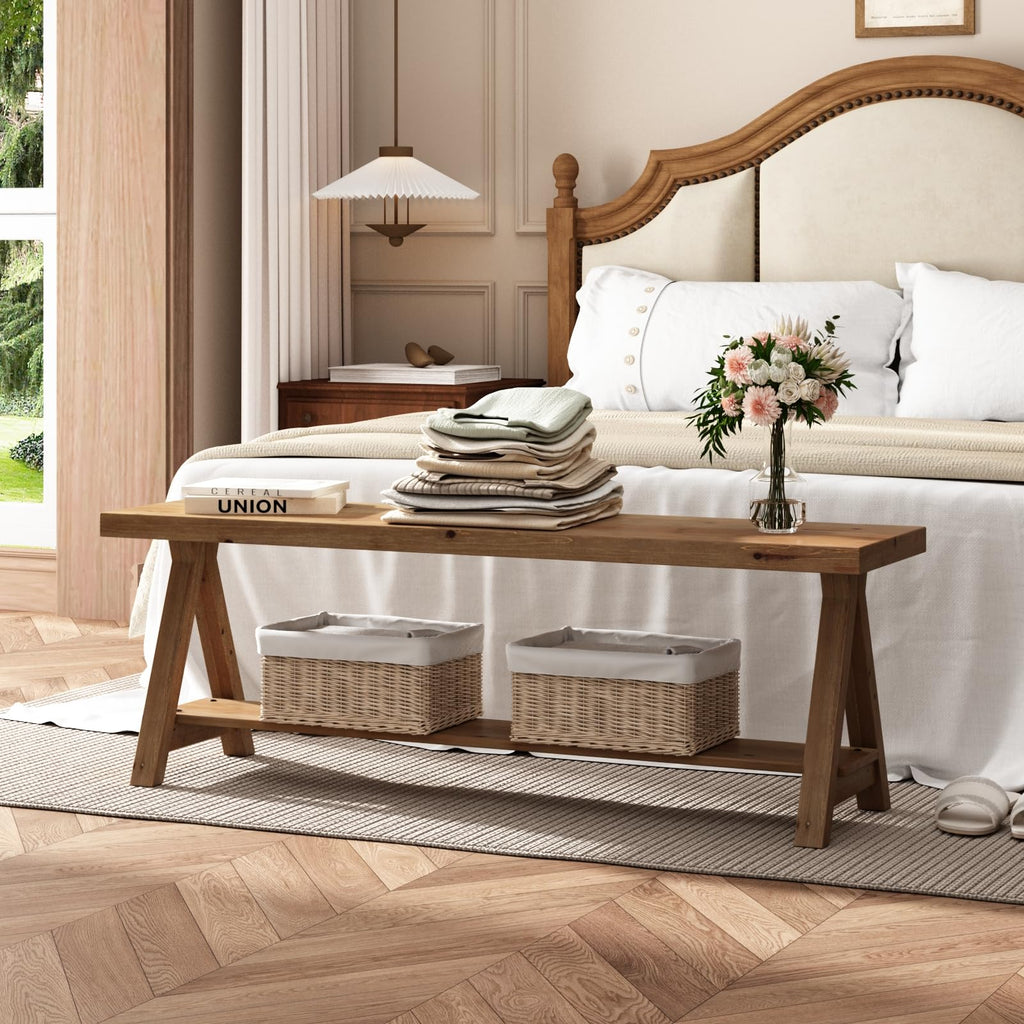 51" Solid Wood Bench, Long Farmhouse Entryway Bench with Storage