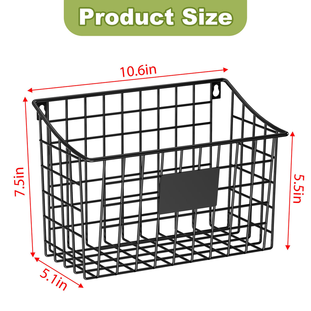 Wall Mounted Bin Basket with 5 Hooks 3 Label Plate Adhesive-3 Pack, Cabinet Hanging Metal Wire Basket, Rustic