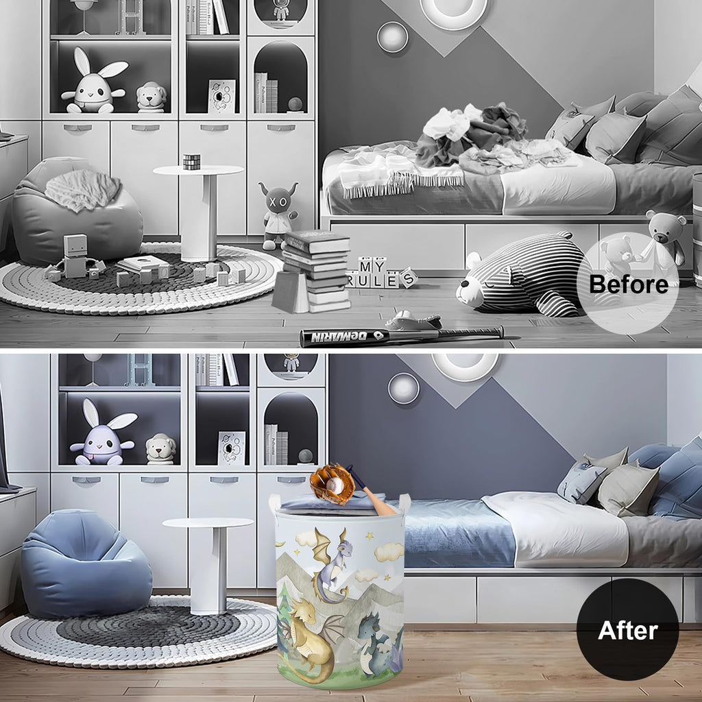 45L Kids Cute Dragon Nursery Hamper Mountain Tree Dirty Clothes Collapsible Laundry Basket Round Cloud Toys Storage