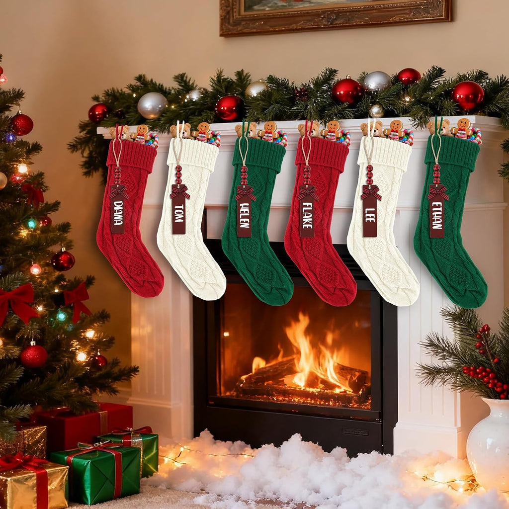 Inch Large Cable Knitted Xmas Stockings with DIY Name Tags, Hanging Stocking Decor for Family Fireplace - Set of 6