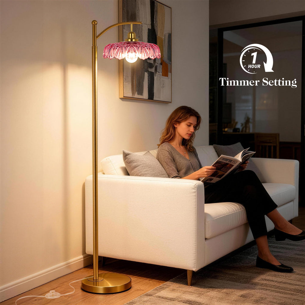 Gold Floor Lamp, Dimmable Mid Century Modern Standing Lamp with Remote Control and Pink Glass Shade, 68" Tall Lamp