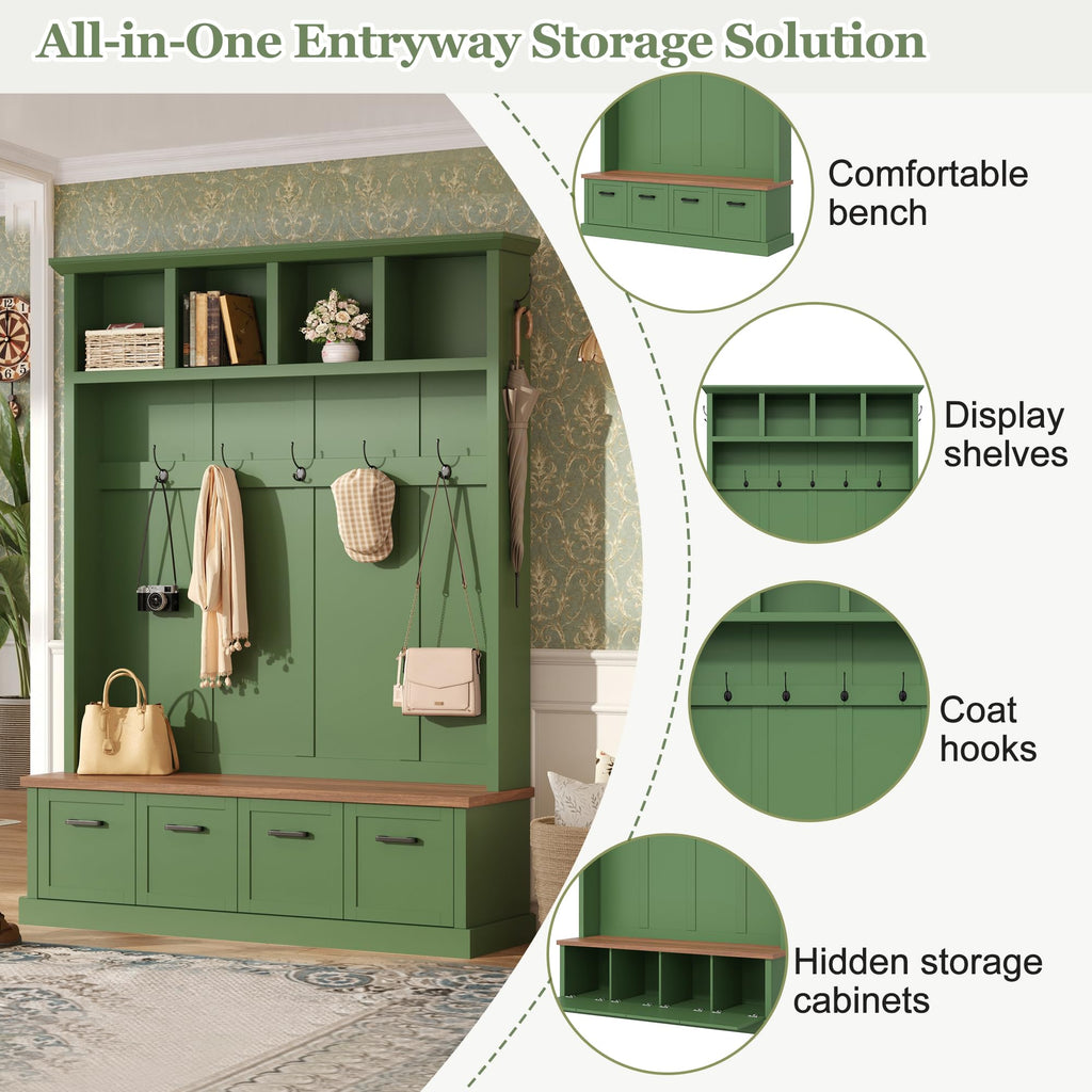 55" Farmhouse Hall Tree with Black Hooks & Walnut Bench, Green