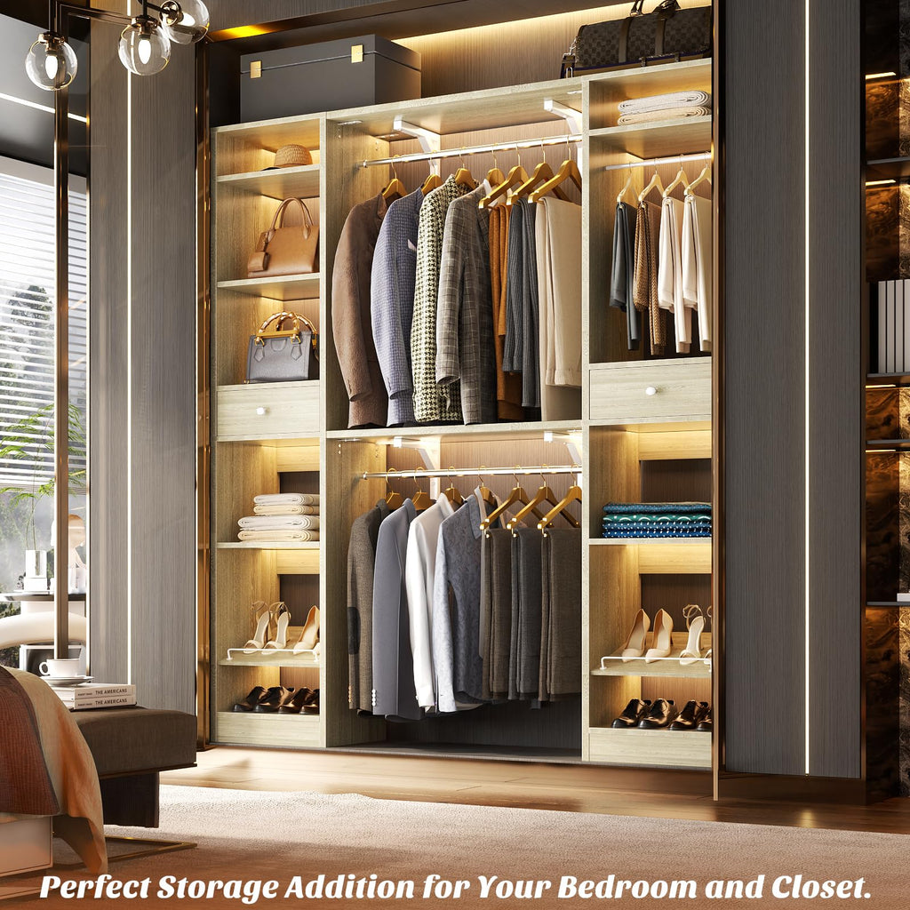 58" W - 90" W Closet System, Large Walk in Closet Organizer with 3 Hanging Rods and Shelves, Heavy Duty Wood Closet