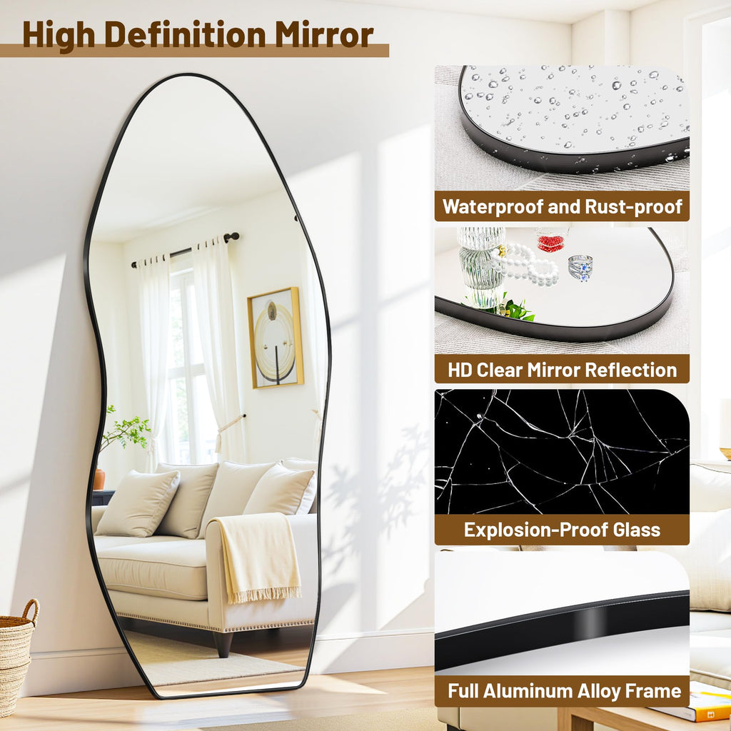 Irregular Full Length Mirror, 76"x36" Asymmetrical Floor Mirror with Stand, Standing Hanging Leaning Irregular