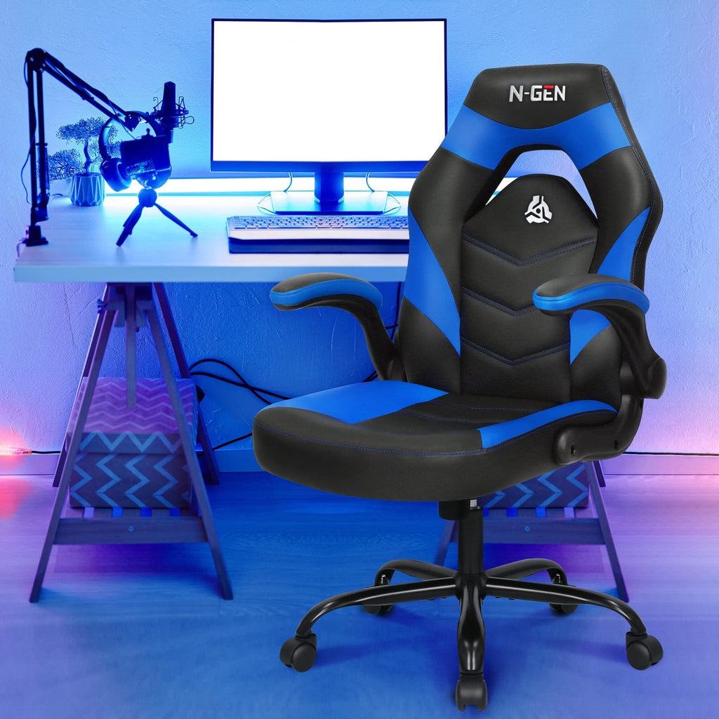 N-GEN Gaming Gaming Chair, Lumbar, PU Leather, Flip-Up Arms, Classic Blue