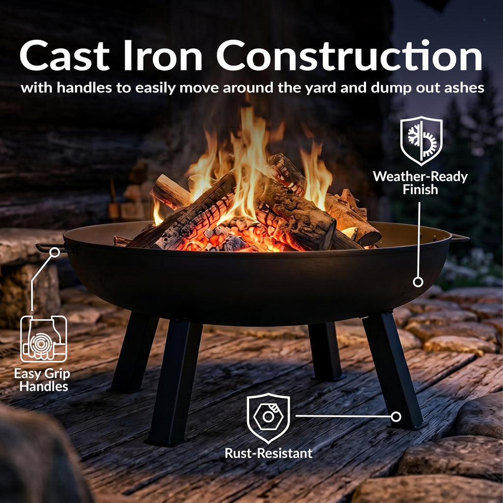 34" Heavy-Duty Cast Iron Fire Pit Bowl for Outside, Wood-Burning