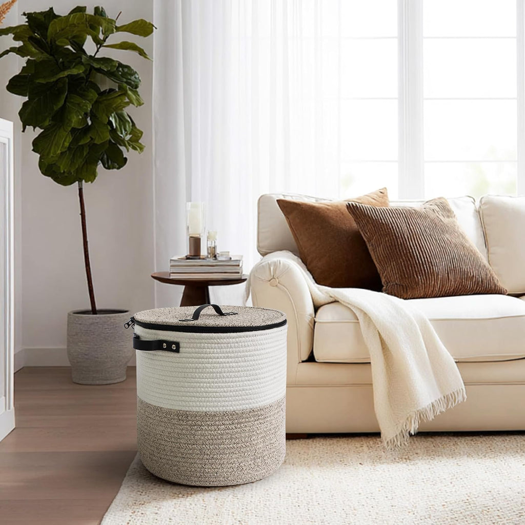 Basket with Lid, 15"x13" Round Woven Blanket Storage , Decorative Cotton Rope Hamper with Zipper Top, Wicker Basket