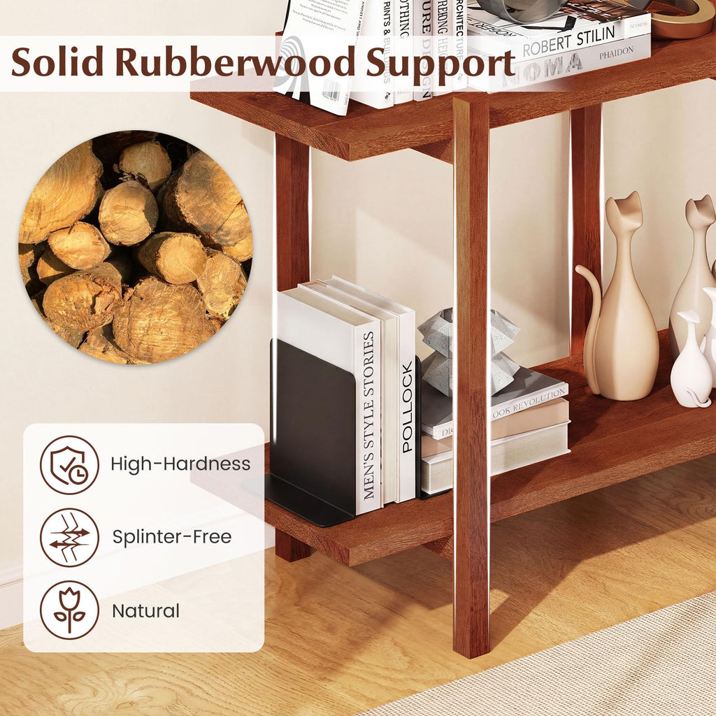 2-Tier Wood Bookshelf, 48" Modern Console Table with Wide Storage Shelf, Horizontal Rubber Wood Bookcase, Open