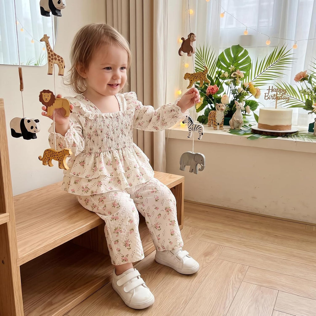 Toddler Baby Girl Fall Outfit Floral Print Smocked Shirt Pants Set
