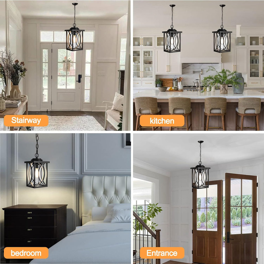 Outdoor Pendant Light Fixture, Modern Black Exterior Hanging Lantern Anti-Rust Metal Hanging Lights with Clear Glass
