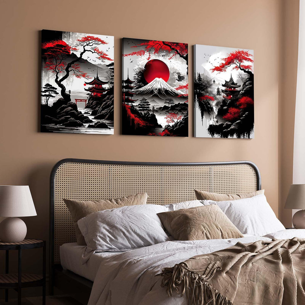 3 Piece Framed Canvas Wall Art Japanese Landscape Wall Decor with Red Sun, Mount Fuji, Pagoda & Cherry Blossom