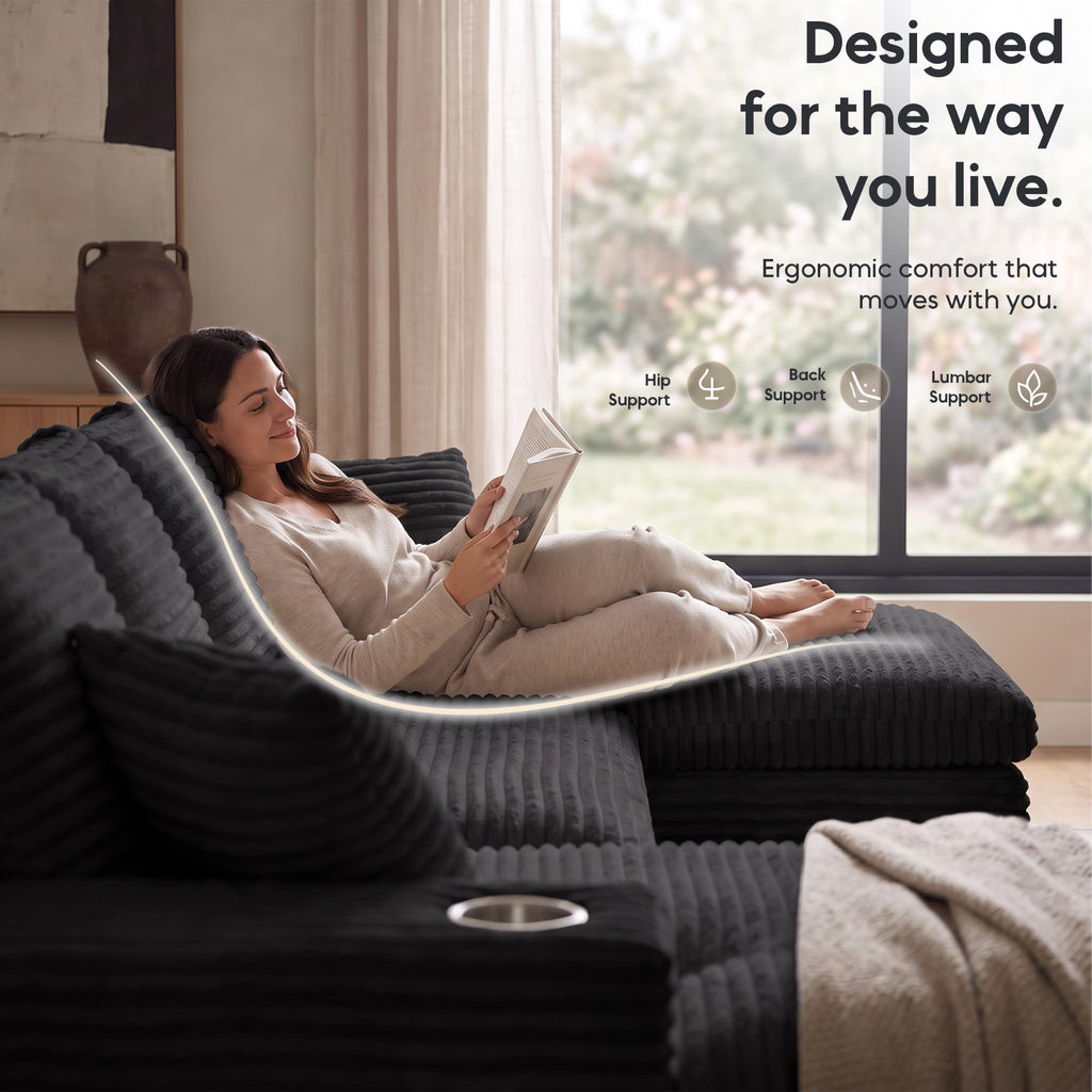 120" Modular U-Shaped Sectional Sofa, Boneless Couch, Black