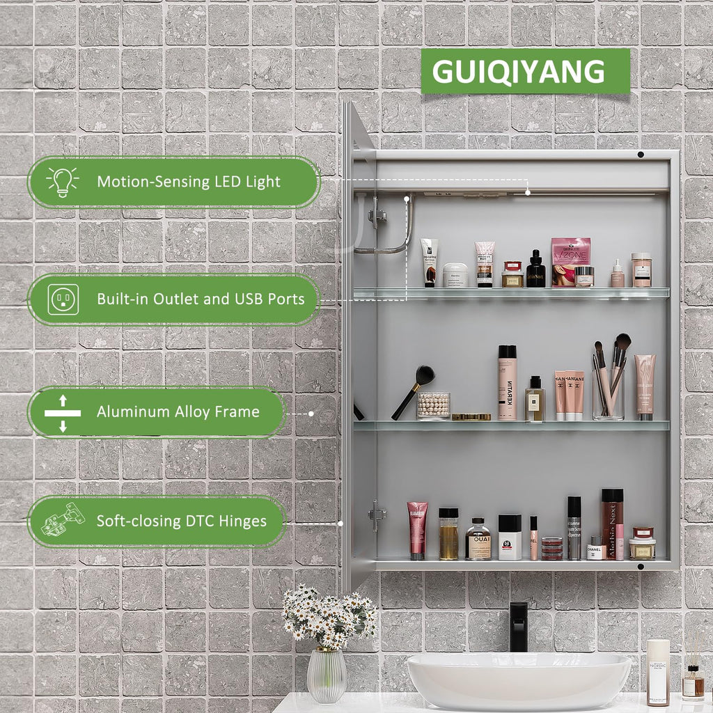 Medicine Cabinet with Lights, Bathroom LED Mirror Cabinet with Storage, Anti-Fog & 3 Color Lights, Recessed or Wall