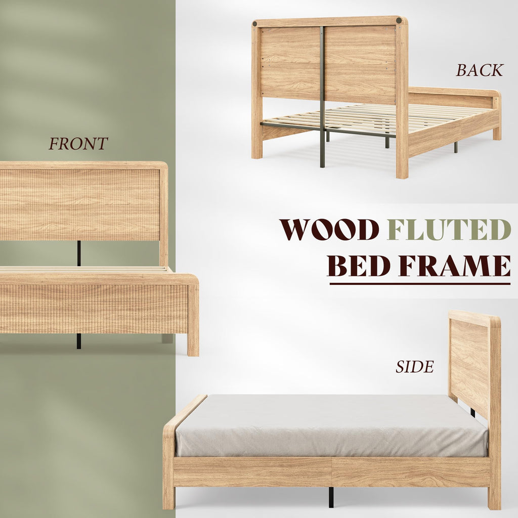 Wood Full Size Bed Frame with Fluted Headboard & Footboard, Oak