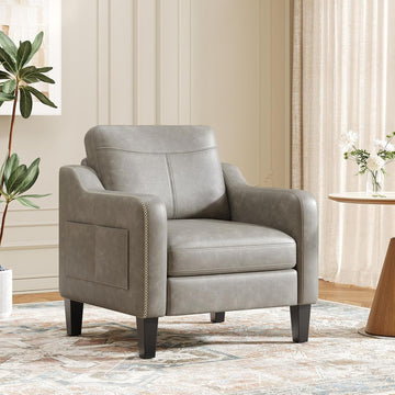 PU Leather Accent Chair, Mid-Century Modern Living Room Armchair Sofa with Removable Cushions, Solid Wood Frame &
