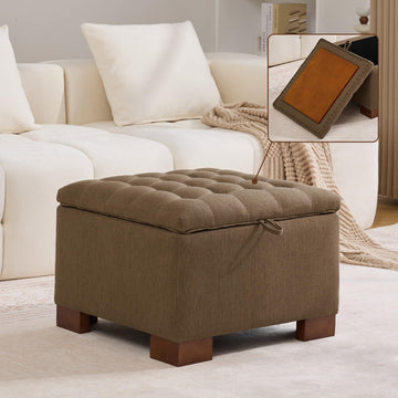 24" Fabric Square Storage Ottoman with Wooden Tray, Modern Tufted Button Footstool Coffee Table, Upholstered Small